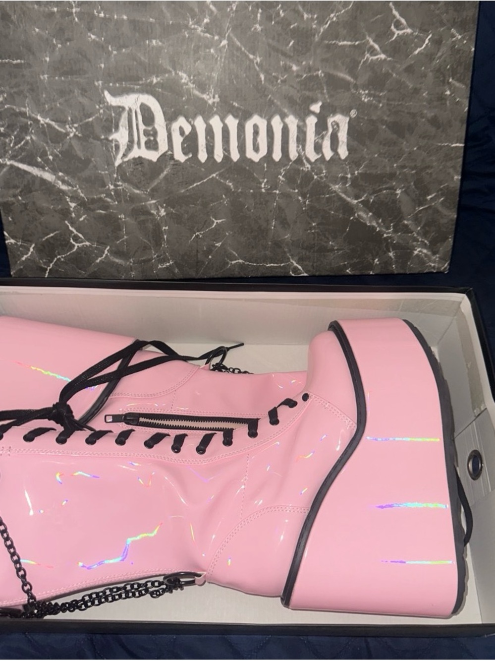 Demonia Pink Holographic Patent Platform Boots